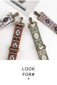 Close-up of four patterned replacement handbag straps with vintage bronze metal hooks
