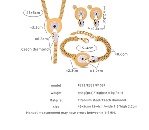 Detailed specs of titanium steel jewelry set with dimensions for necklace and bracelet