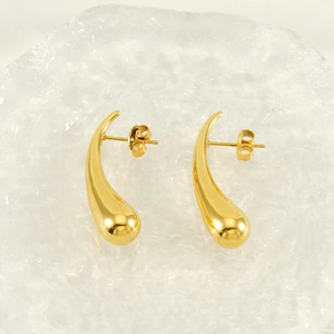 Polished golden teardrop stud earrings in minimalist 3D curved stainless steel design