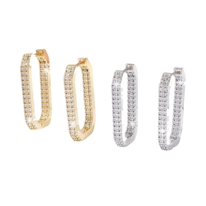 Luxe rectangular pavé crystal hoop earrings in gold and silver finish on white background