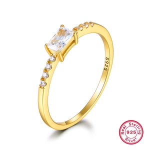 Elegant gold plated S925 sterling silver ring with emerald cut zircon and side stones