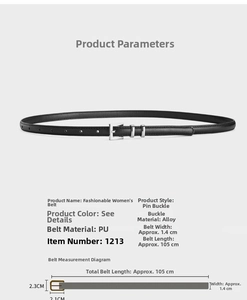 Detailed size parameters of black thin PU leather waist belt with silver alloy pin buckle