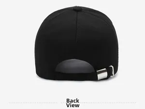 Detail view of the black baseball cap's back with a silver metal adjustable buckle