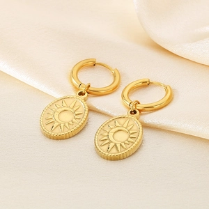 18K gold plated stainless steel hoop earrings with sun and moon oval charm pendants