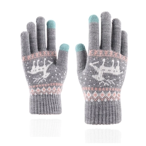 Winter knitted grey touchscreen gloves with white reindeer patterns and fleece lining