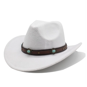 Detail of white wool cowboy hat featuring brown leather band with turquoise stone accents