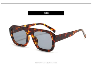 Detail view of tortoiseshell square sunglasses with dark grey lenses and a flat top frame