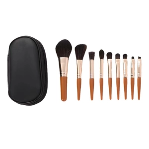 9pcs mini travel makeup brush set with brown handles and a black zipper storage pouch