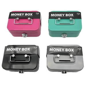 Portable metal money boxes with handles and keys in pink, blue, black and grey
