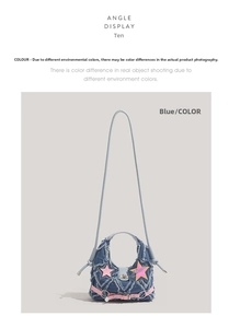 Detail of pink star patch with script font on blue denim mini crossbody bag