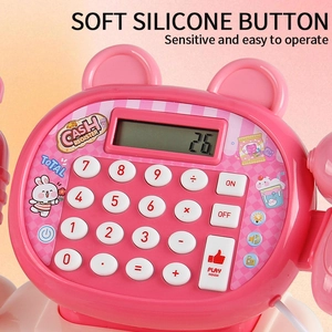 Detailed close-up of soft silicone buttons and LCD screen on pink toy cash register