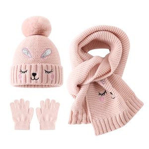 Toddler Kids Winter Knit Hat Scarf And Gloves Acrylic Warm Pom Pom Cute Bunny Embroidery Cold Weather Outfits