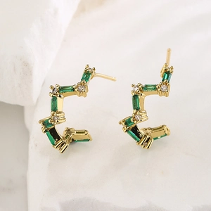 Gold-plated hoop earrings with rectangular green zircons and small round crystals