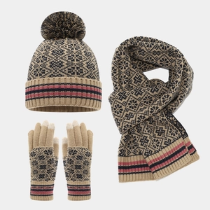 Détail de l'ensemble d'hiver en maille kaki avec motifs jacquard et gants tactiles pratiques