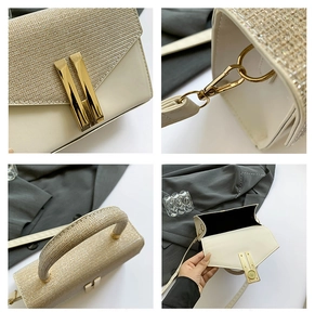Detailed views of beige crossbody bag featuring gold sequins, metallic buckle, and handle