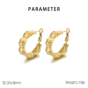 Detailed parameter view of 18K gold plated bamboo link hoop earrings with dimensions