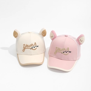 Cute kids mesh baseball cap with cat ears and cartoon embroidery for summer sun protection