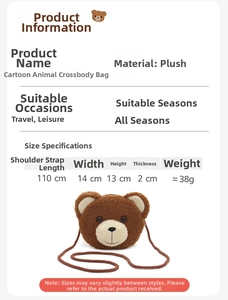 Size specifications of plush bear shoulder bag with dimensions and 110cm strap detail