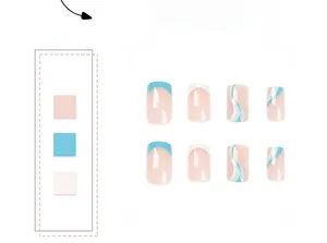 Detail of blue and white french tip press-on nails with wavy line art patterns