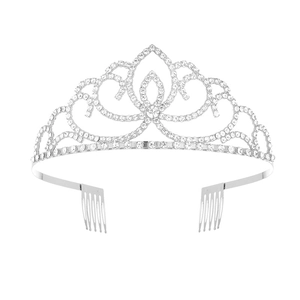 Elegant silver tiara with sparkling rhinestones and integrated hair combs for party wear