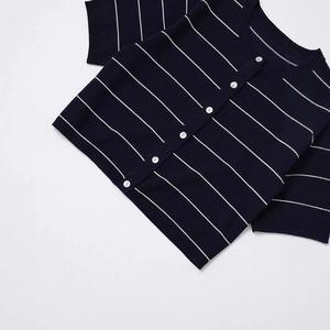 Classic navy blue striped short sleeve knit cardigan with white buttons and round neck