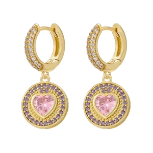 Boucles d'oreilles créoles dorées de luxe avec cœur rose et pavé de cristaux violets