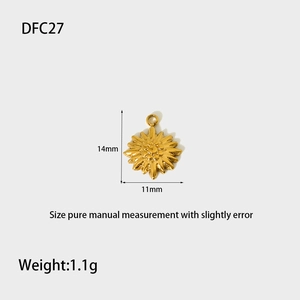Detail of 14mm gold-plated stainless steel sunburst pendant with size specs and weight