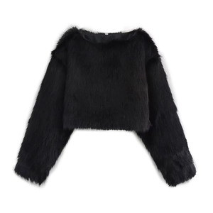 Detail of black faux fur texture on a cropped long-sleeve pullover for women