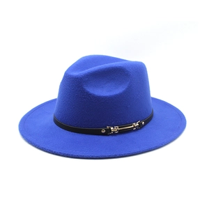 Detail of bright blue wool fedora with a black leather band and gold buckle accent