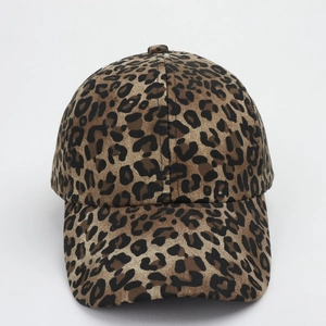 Detail view of leopard print baseball cap with six-panel stitching and curved brim