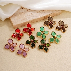 Boucles D'oreilles Puces Fleur Vintage Cuivre Cristal Strass Élégant Trèfle À Quatre Feuilles Bijoux Pour Femmes