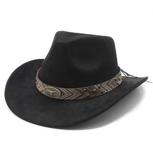 Classic black suede cowboy hat with woven band and metallic bull head emblem