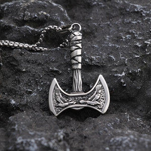 Vintage stainless steel viking double axe pendant necklace with eagle pattern on grey stone