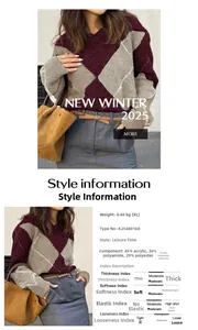 Détail du pull en tricot à losanges montrant les spécifications du matériau 45% acrylique