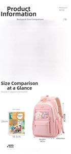 Size chart showing large pink nylon backpack for students with 33x22x48cm dimensions