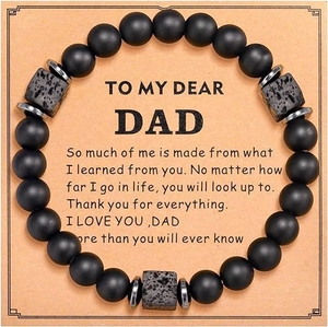 Detail view of men's natural stone bead bracelet with Father's Day gift card