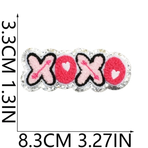 Pink and white XOXO chenille patch with silver sequins, size 8.3x3.3cm detail view