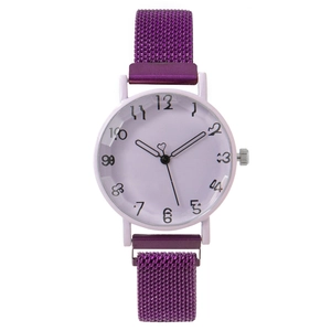 Purple mesh strap analog watch for women featuring numeric dial and magnetic closure