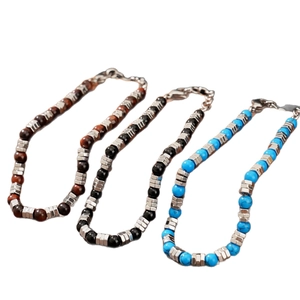 Bracciale di perle occhio di tigre agata nera e turchese con distanziatori in metallo