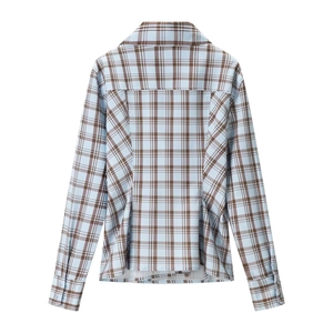 Chemise en popeline à carreaux bleu et marron pour femme avec coupe ajustée au dos