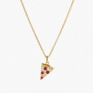 Pizza Slice Pendant Necklace Copper Gold Plated Red Clear Zircon Inlaid Sparkling Clavicle Chain Fashion Niche Jewelry Women