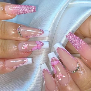 Pink French Coffin Press On Nails Glitter Butterfly Rhinestone Long Ballet False Nails Sweet Gradient Nail Tips For Women