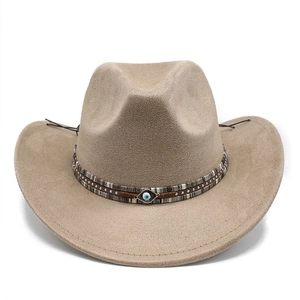Detail of bohemian khaki felt fedora featuring woven band with evil eye and metal studs