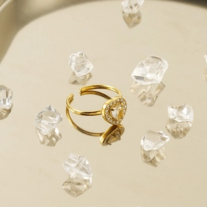 18K gold plated stainless steel heart ring with cubic zirconia in adjustable open design