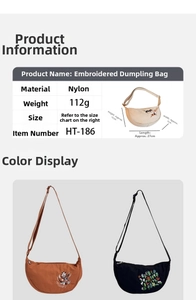 Detail view of lightweight nylon dumplings bag with floral embroidery and size specs
