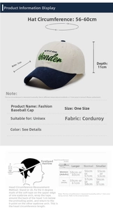 Size chart for unisex corduroy baseball cap with brim depth and circumference details