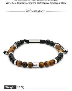 Detail of tiger eye and black stone adjustable beaded bracelet with weight 16.9g label