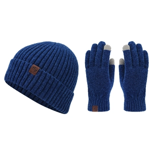 Ensemble d'hiver bonnet tricoté bleu marine et gants tactiles avec écusson cuir