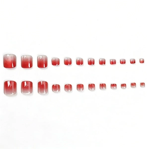 Kit de 24 faux ongles d'orteils carrés courts avec dégradé rouge et effet œil de chat