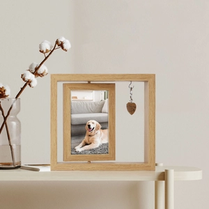 Minimalist rotating wooden photo frame with heart pendant and paw print memorial text